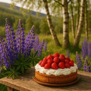 En jordgubbstårta på ett bord ute i naturen med blåa lupiner bredvid