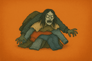 Ett monster med ett berg av kläder på sig